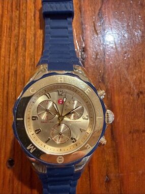 Michele Gold Dial Blue Strap Chronograph Watch